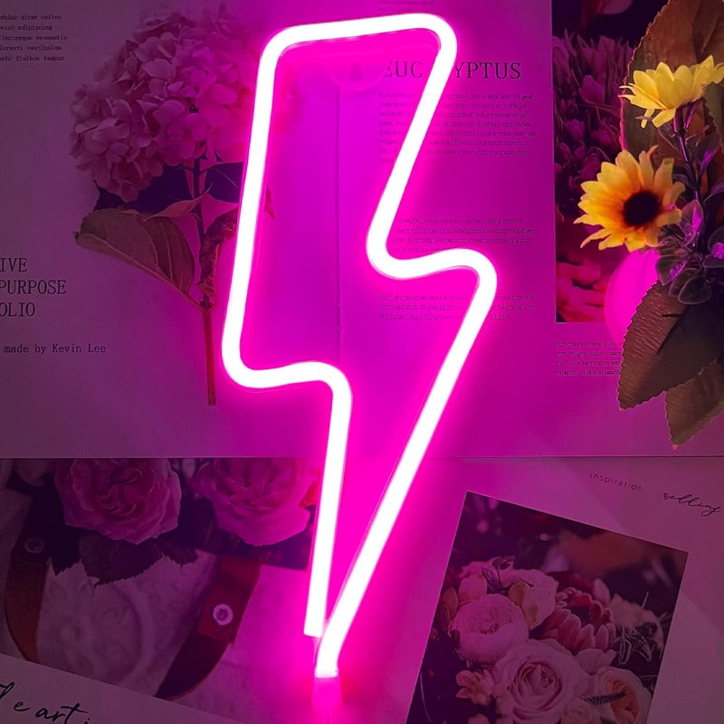 BerniceKelly Neon Signs Lightning Bolt Neon Light Sign for Wall Decor, Battery or USB Powered Led Lightning Light Neon Sign for Bedroom,Kids Room,Birthday,Party,Wedding,Home,Kids Decorations Pink - Image 1